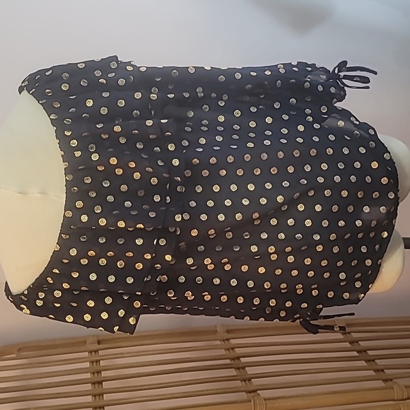 Michael Kors navy blue gold medallion print blouse ruffles bows sz XL sheer - Picture 7 of 10